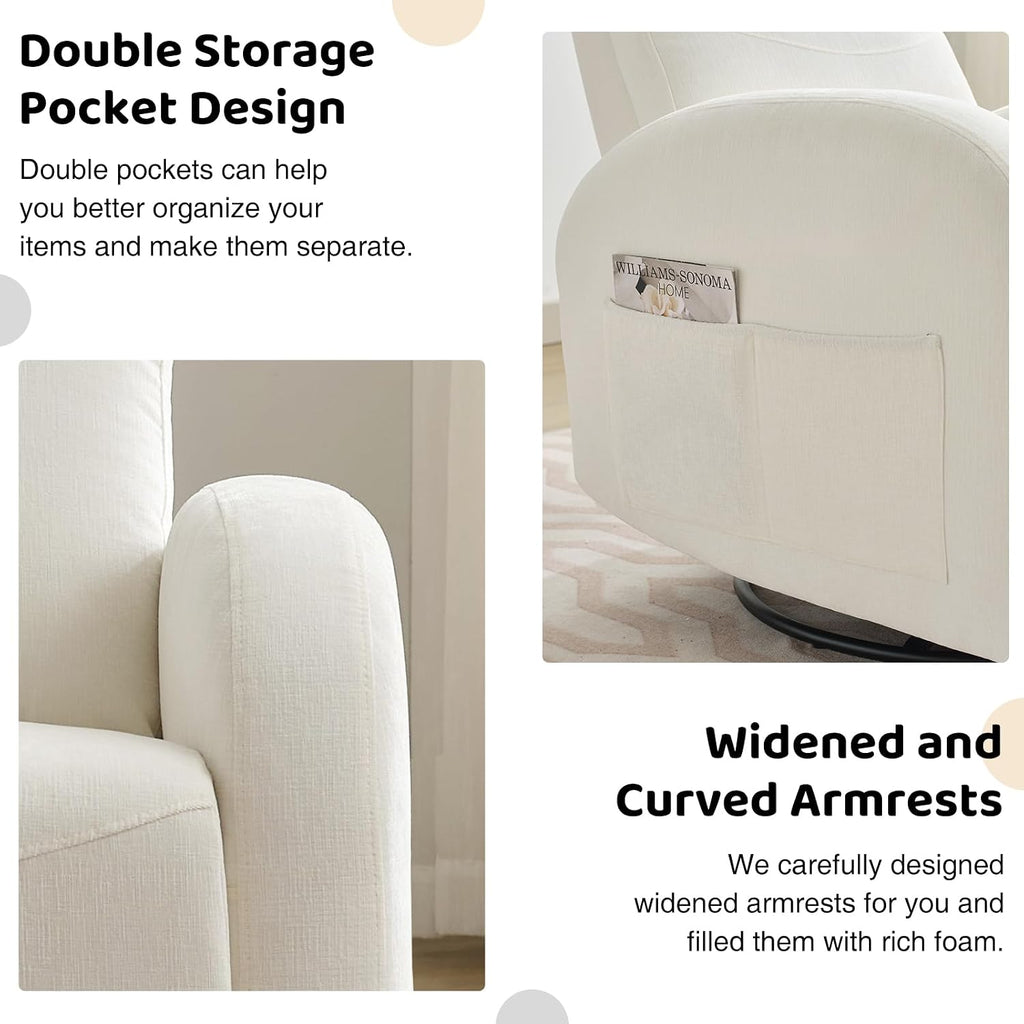 Swivel Recliner Rocker Nursery, Chenille Nursering Glider Recliner, Manual Swivel Rocking Reclining with Double Pockets for Living Room, Cream White