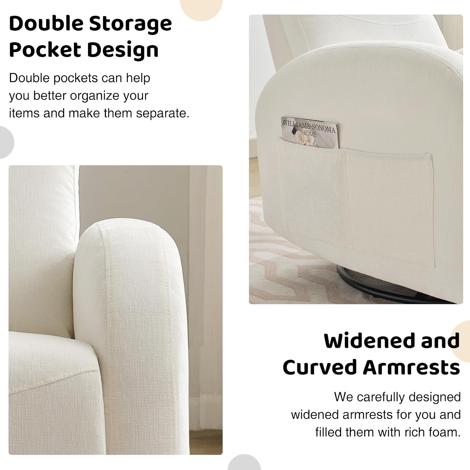Swivel Recliner Rocker Nursery, Chenille Nursering Glider Recliner, Manual Swivel Rocking Reclining with Double Pockets for Living Room, Cream White