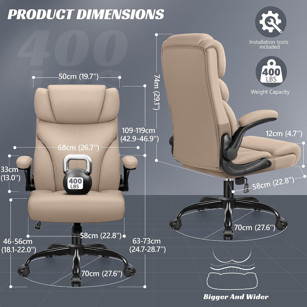 HeroSet Office Chair, Ergonomic Big and Tall Computer Desk Chairs, Executive Breathable Leather Chair with Adjustable High Back Flip-up Armrests, Lumbar Support Swivel PC Chairs with Rocking Function