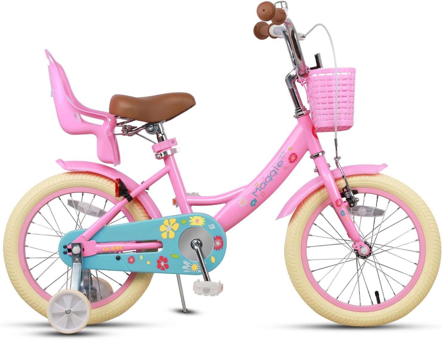 Glerc Maggie Girls Bike, 12-20 Inch Kids Bike for 2-13 Years Old Children, Princess Style Kids Bicycle with Doll-Seat & Basket & Training Wheels, Multiple Colors