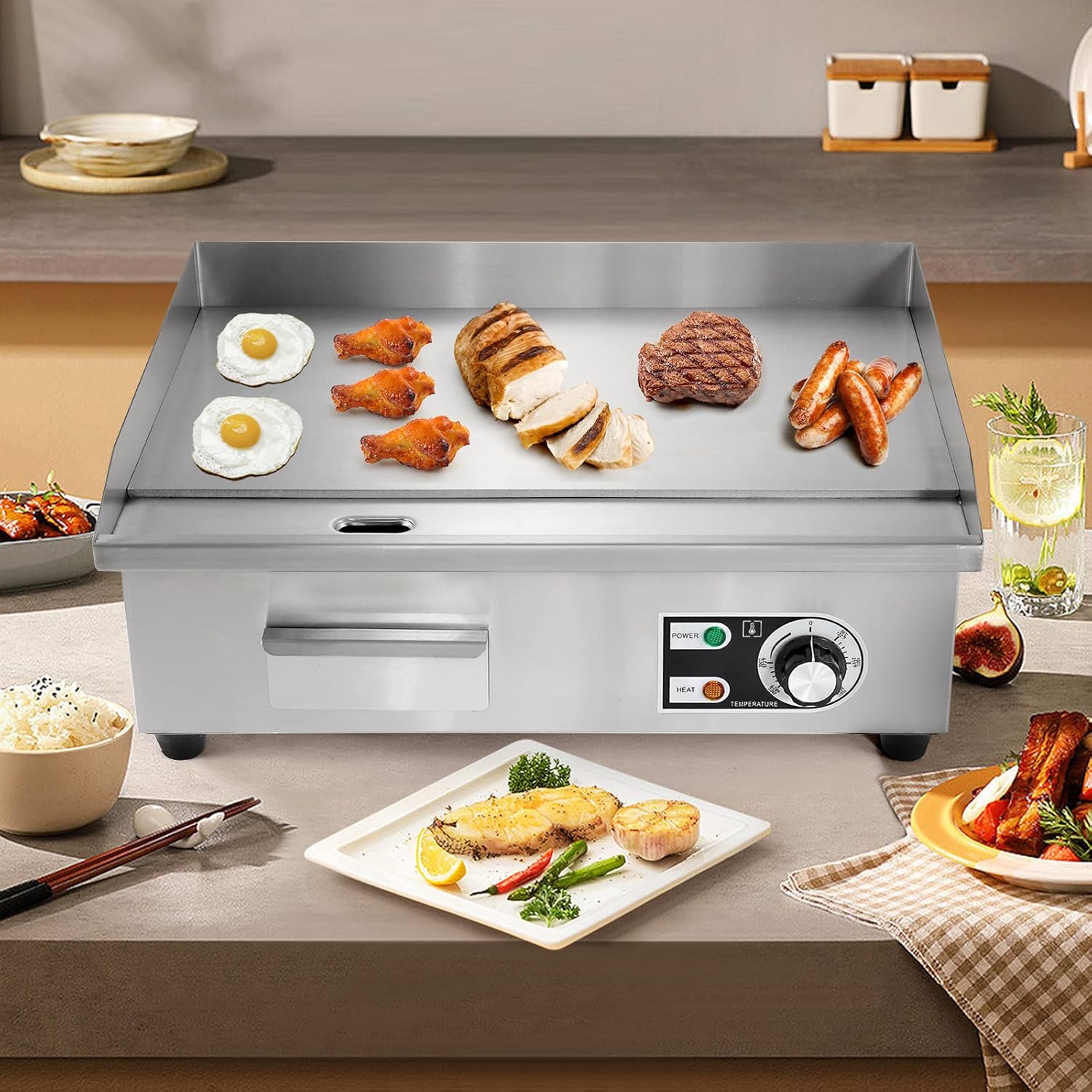 WICHEMI Commercial Electric Griddle 22' 3000W Flat Top Grill Countertop Griddle Stainless Steel Teppanyaki Grill w/Iron Cooking Plate for Restaurant Kitchen, 110V