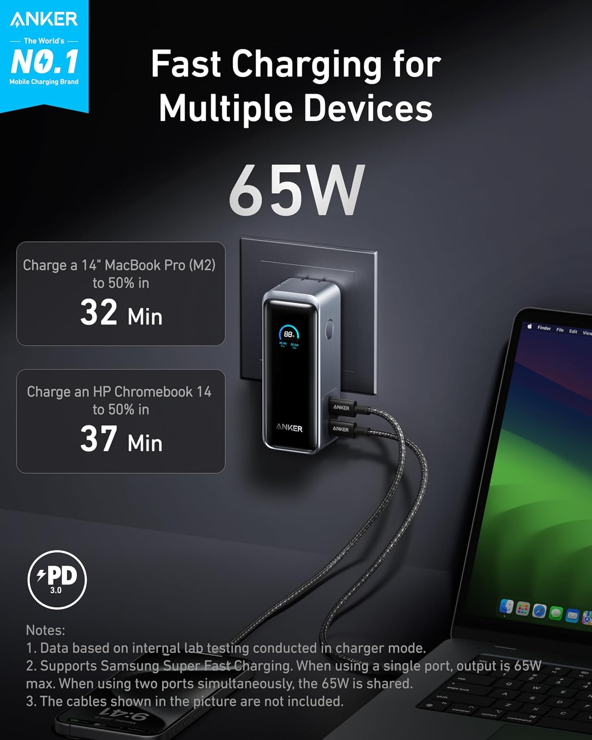 Anker Prime Power Bank, 9,600mAh Battery Pack with 65W Output, Built-in AC Plug with Anker Prime Charging Station, 240W 8-in-1 USB C Power Strip, 5 ft Detachable Extension Cord, 2 AC, 4 USB C, 2 USB A