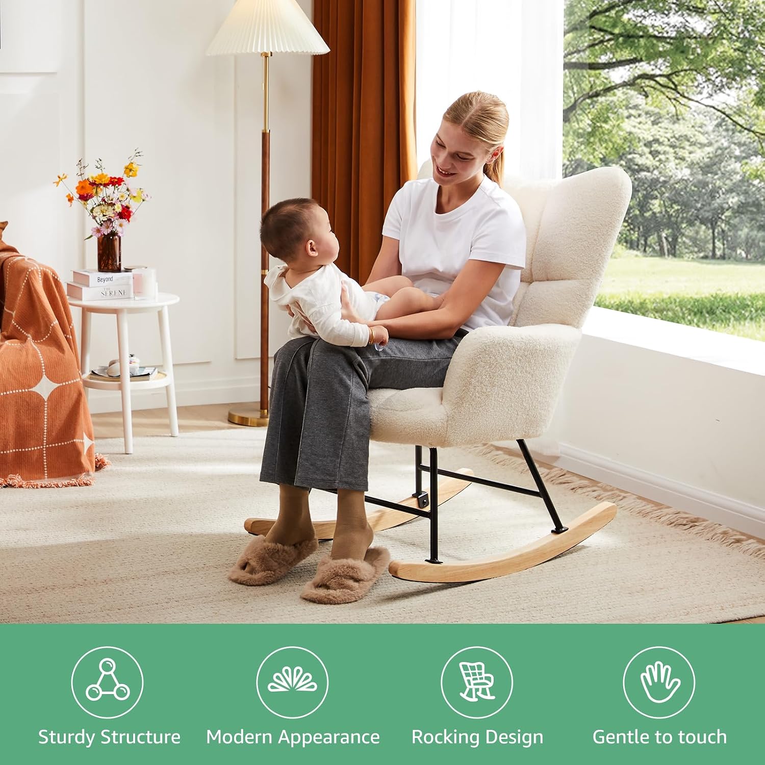YSSOA Nursery Rocking Chairs, Teddy Upholstered Glider Recliner Rocking Chair with High Backrest Armchair, Comfy Reading Chair Fluffy Accent Side Chair for Nursing, Living Room, Bedroom, White