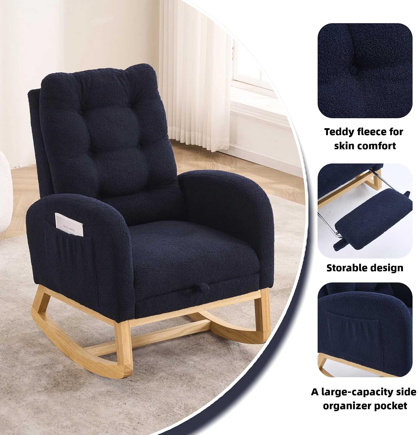 Nursery Rocking Chair with Foot Rest & Side Pocket, 300lbs Capacity, Rocking Chairs with High Backrest, Suitable for Living Room Bedroom, Comfort (Blue)