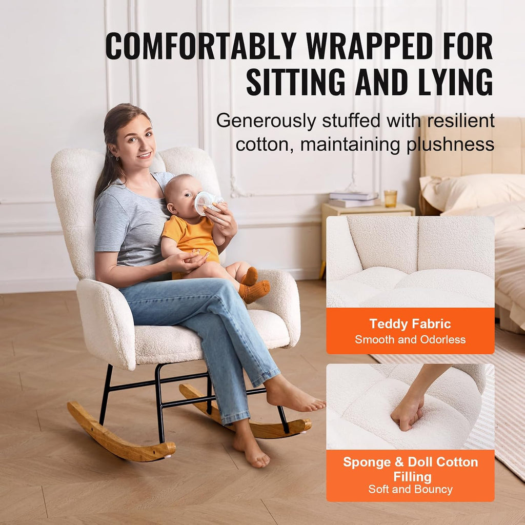 VEVOR Rocking Chair Nursery, Glider Rocking Chair with Soft Seat and High Backrest, 250 lbs Weight Capacity Teddy Fabric, Upholstered Glider Rocker Chair for Nursery, Bedroom, Living Room, Ivory White