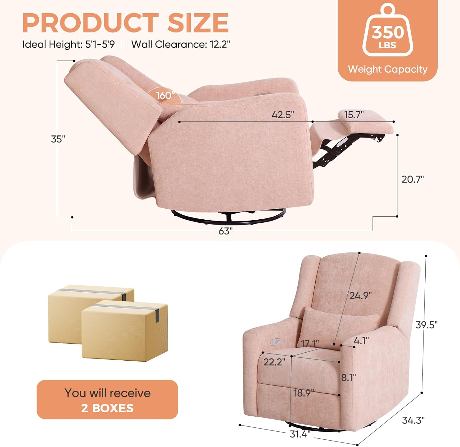 Power Recliner Chair Swivel Glider, Large Nursery Glider w/USB Charging Port, Chenille Upholstered Rocker Recliner for Bedroom,Nursery,Living Room,1PC,Coral Pink