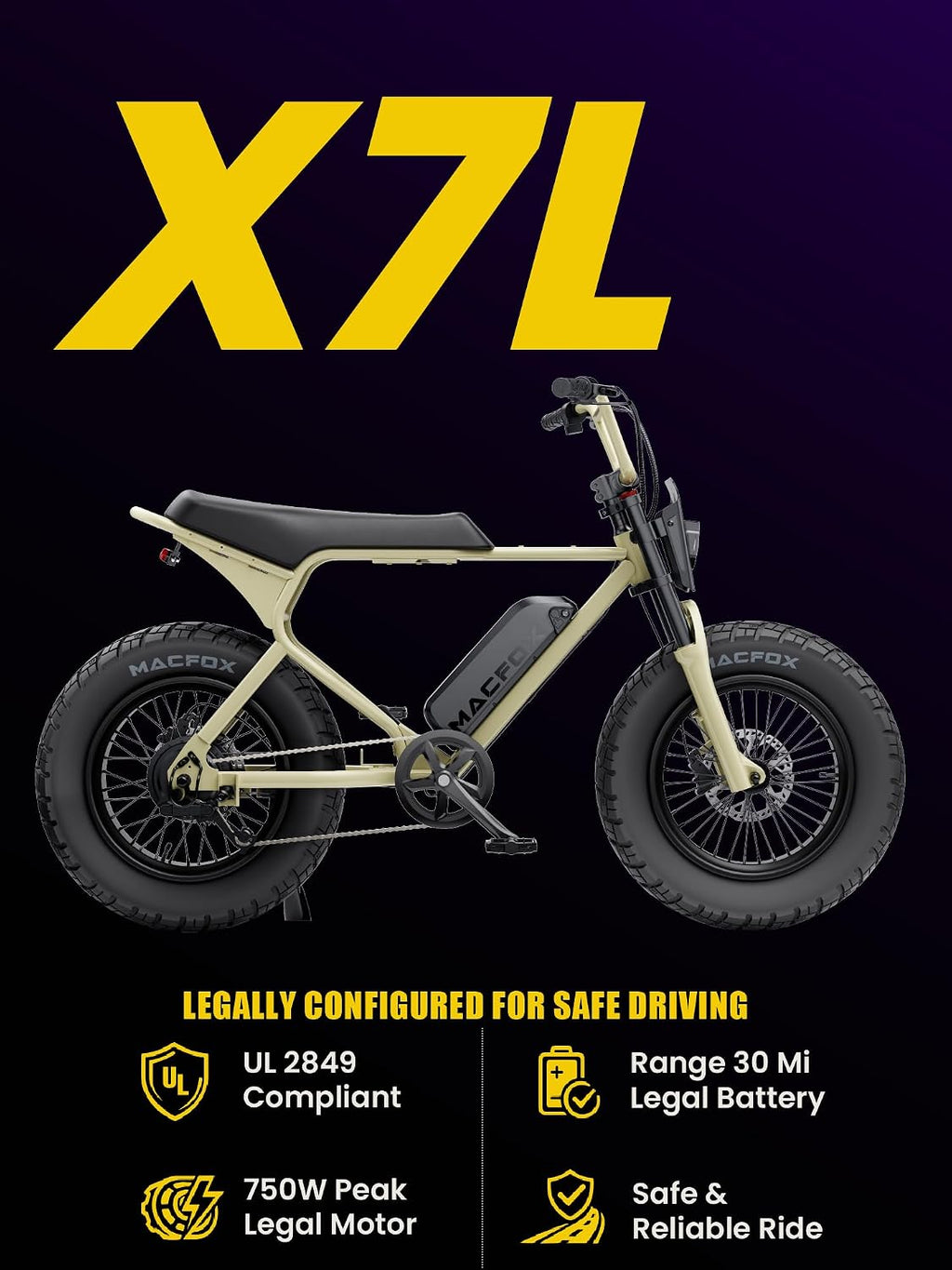 MACFOX X7 Electric Bike for Adults, 750W EBike with Hydraulic Brakes, 48V 13Ah Removable Battery 30 Mile Range, Upgraded 20x5.0 Rear Fat Tire for School/City/Town Commuting (UL2849 & Class-2)