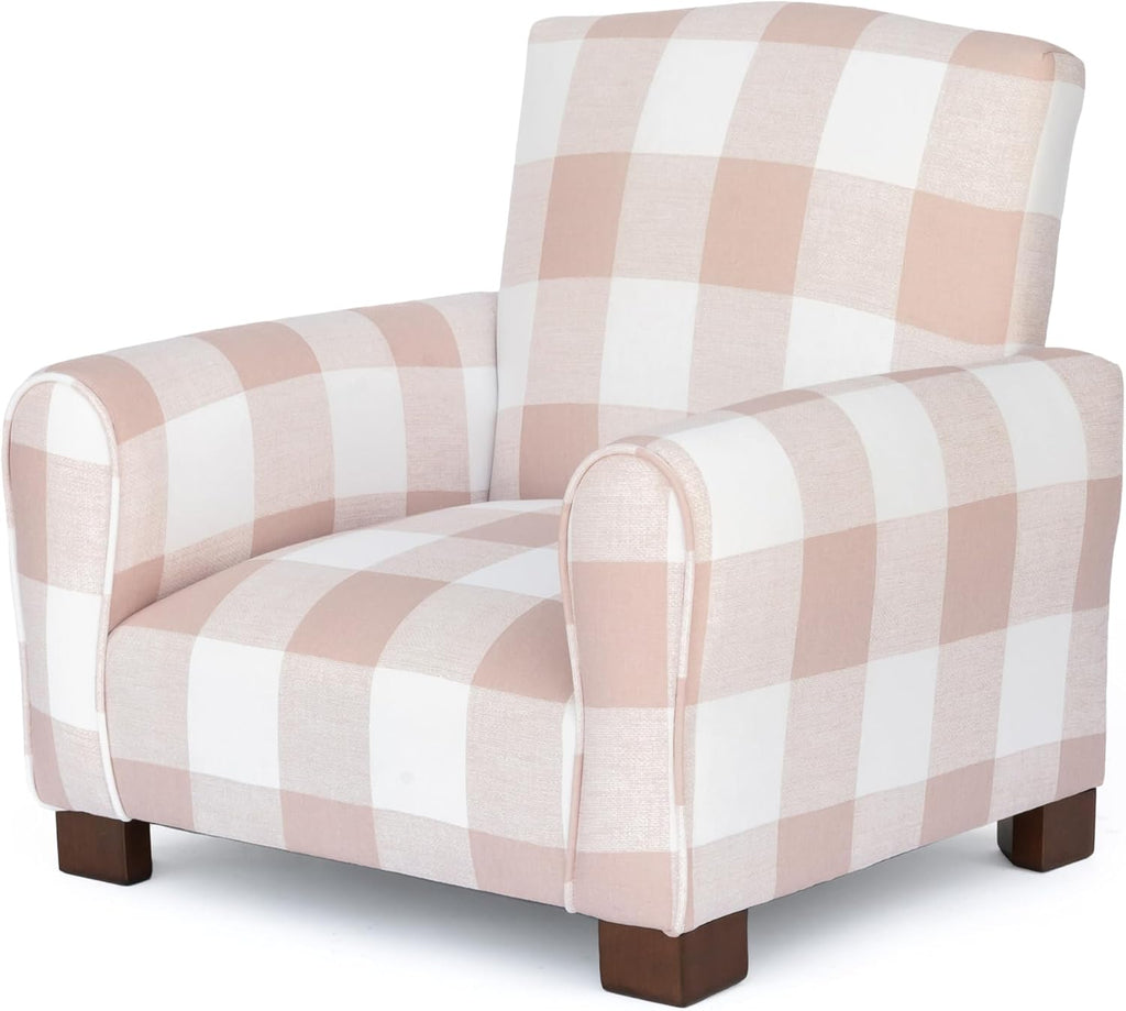 Toddler Personalized Armchair, Kids Upholstered Rocking Chair with Personalization, Toddler Chair with Personalized Name, Comfy Child Armchair (Legs, Blush Check)