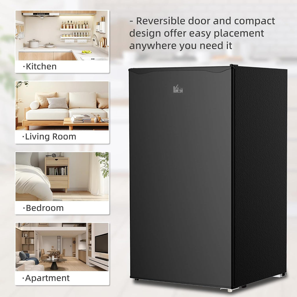 HOMCOM 3.2 Cu.Ft Mini Fridge with Freezer, Compact Refrigerator with Adjustable Thermostat, Shelf and Single Reversible Door for Bedroom, Dorm, Home Office, Energy Efficient, Black