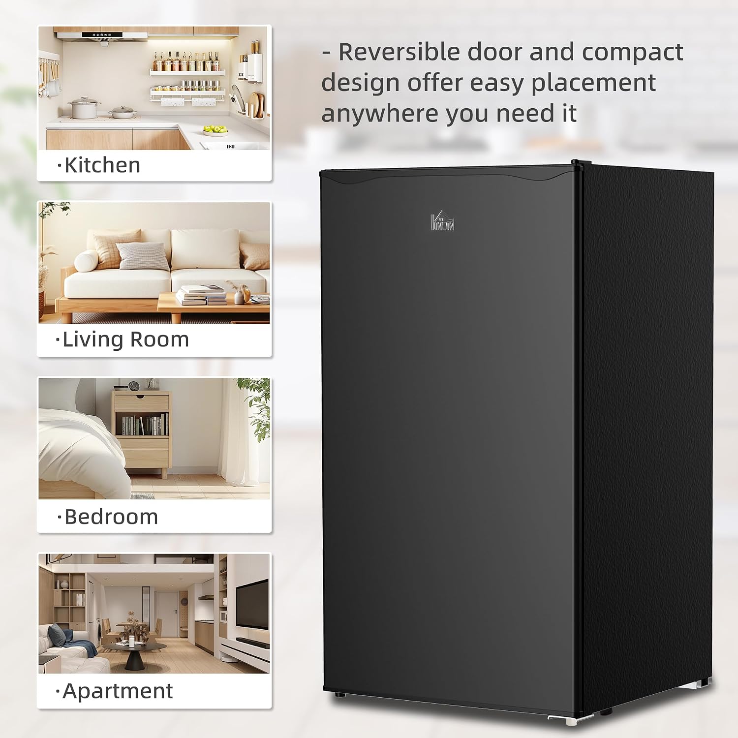 HOMCOM 3.2 Cu.Ft Mini Fridge with Freezer, Compact Refrigerator with Adjustable Thermostat, Shelf and Single Reversible Door for Bedroom, Dorm, Home Office, Energy Efficient, Black