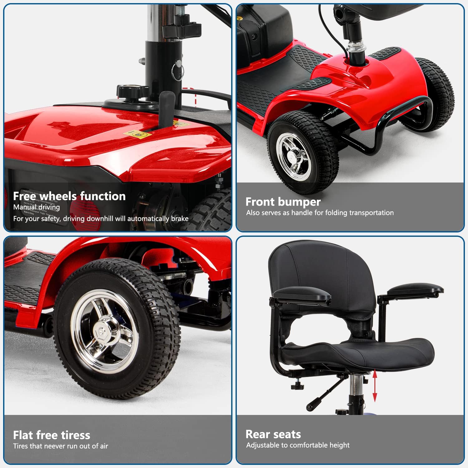 4 Wheel Mobility Scooters for Adults，Collapsible Compact Electric Scooter，Heavy Duty Powered Mobile Wheelchair Device with Lights，Basket and Long-Lasting Battery（Red）