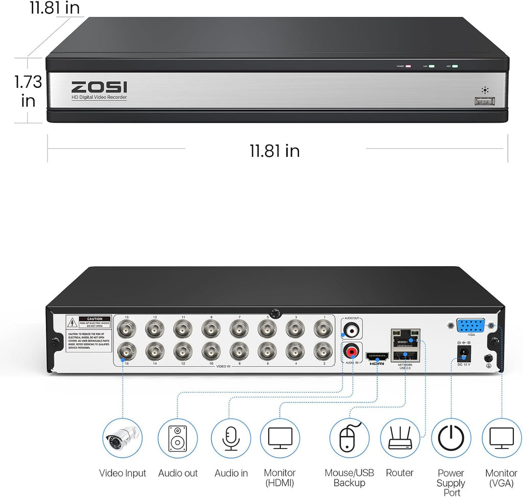 ZOSI 1080P H.265+ 16 Channel Video Security DVR Recorder with AI Human/Vehicle Detection, 16CH Hybrid 4-in-1 CCTV DVR with 4TB HDD for HD-TVI, AHD, CVI, CVBS Surveillance Cameras, 24/7 Recording
