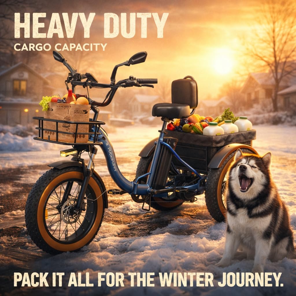 PUCKIPUPPY Electric Tricycle for Adults, 960W Max Rear Motor Electric Trike, 20MPH 3 Wheel, 20' 6061 Aluminum Folding Ebike Frame, 55 Miles Range Cargo Tricycle with Large Basket