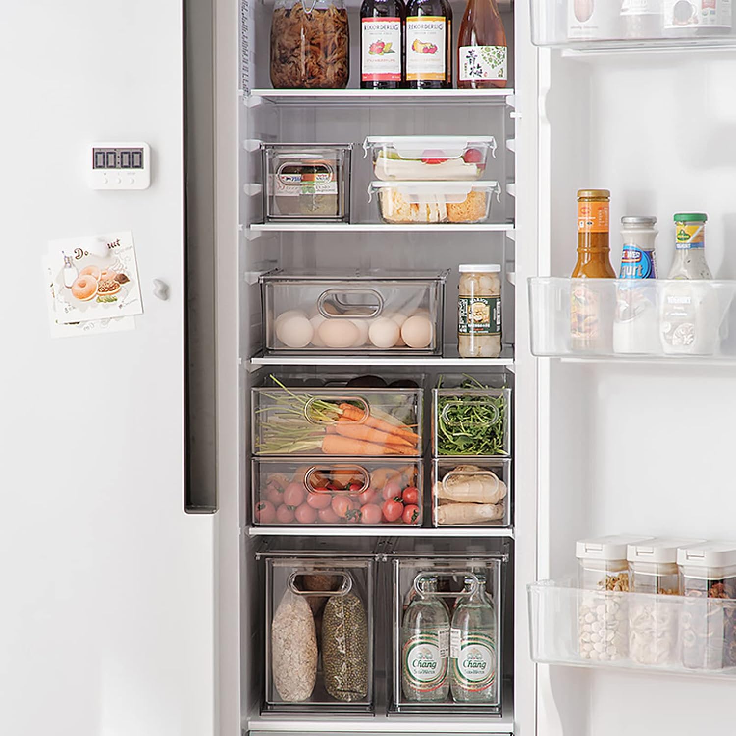7 pack Stackable Refrigerator Organizer Bins Pull-Out Drawers for Fruit and Veggies Storage Organizer for Fridge Clear Drawer Containers with Handle Divided Organization for Produce Saver