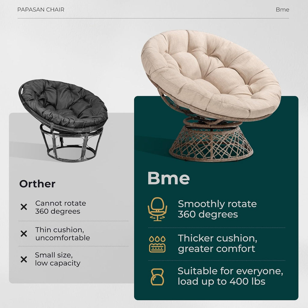 Bme 40' Ergonomic Wicker Papasan Chair with Soft Thick Density Fabric Cushion, High Capacity Steel Frame, 360 Degree Swivel for Living, Bedroom, Reading Room, Lounge, Sepia Sand - Brown Base