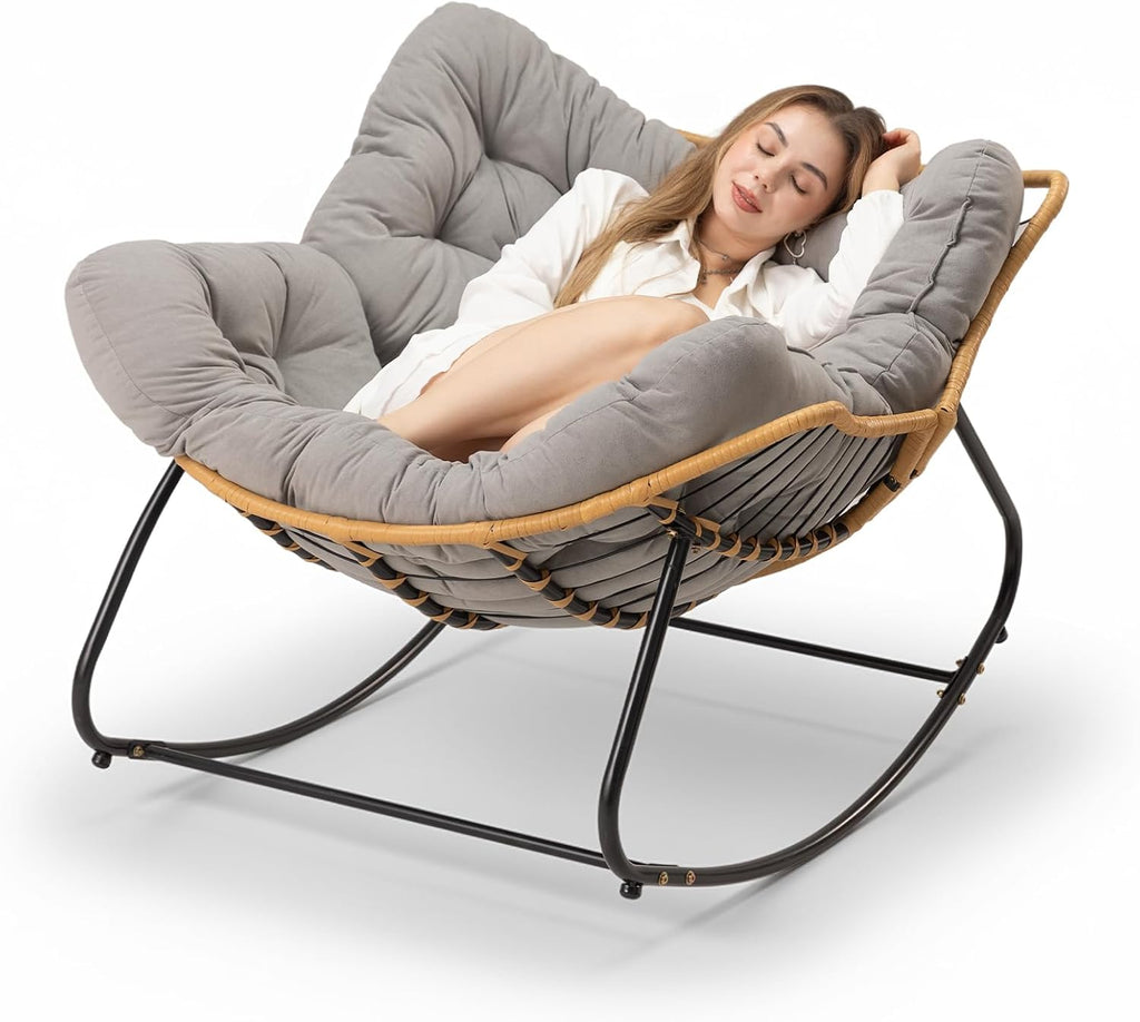 Papasan Chair with Cushion, Oversized Outdoor Rocking Chair, Patio Egg Chair Outdoor, Wicker Modern Cozy Comfy Chair for Bedroom, Living Room, Garden, Balcony, Lawn, Light Grey