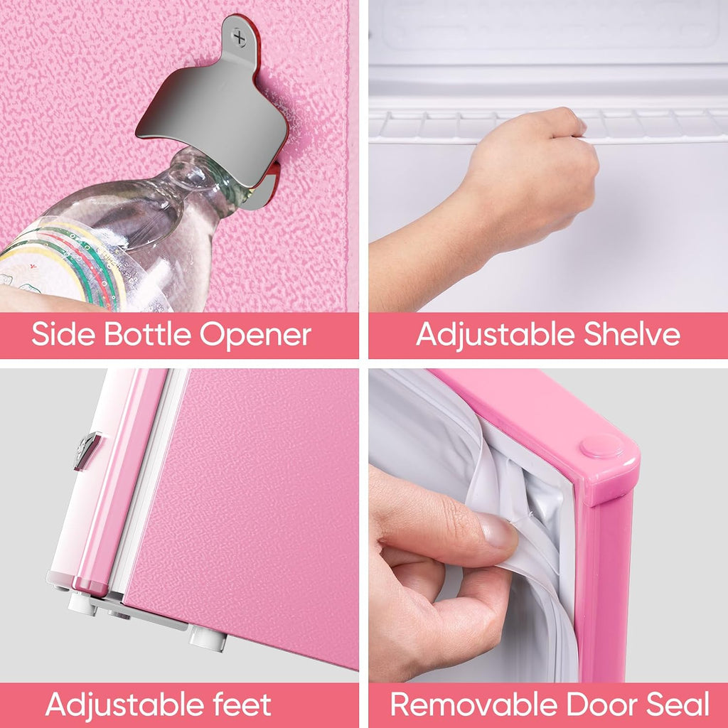 Upstreman 1.7 Cu.Ft Retro Mini Fridge, Low Noise, Energy Saving, Adjustable Thermostat, Single Door, Side Bottle Opener, Metal Handle, Compact Refrigerator for Office, Bedroom, Dorm-FR17 PRO (Pink)