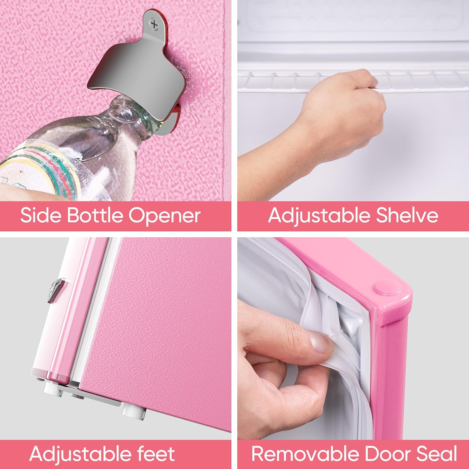 Upstreman 1.7 Cu.Ft Retro Mini Fridge, Low Noise, Energy Saving, Adjustable Thermostat, Single Door, Side Bottle Opener, Metal Handle, Compact Refrigerator for Office, Bedroom, Dorm-FR17 PRO (Pink)