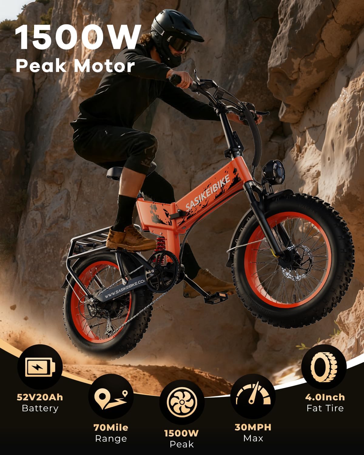 SASIKEIBIKE 1500W Folding Electric Bike for Adult,52V20Ah Removable Battery Ebike with 70Mile Max,20' x4.0 Fat Tire E-Bike, Foldable Dual Suspension Electric Bicycle for Commute,Mountain