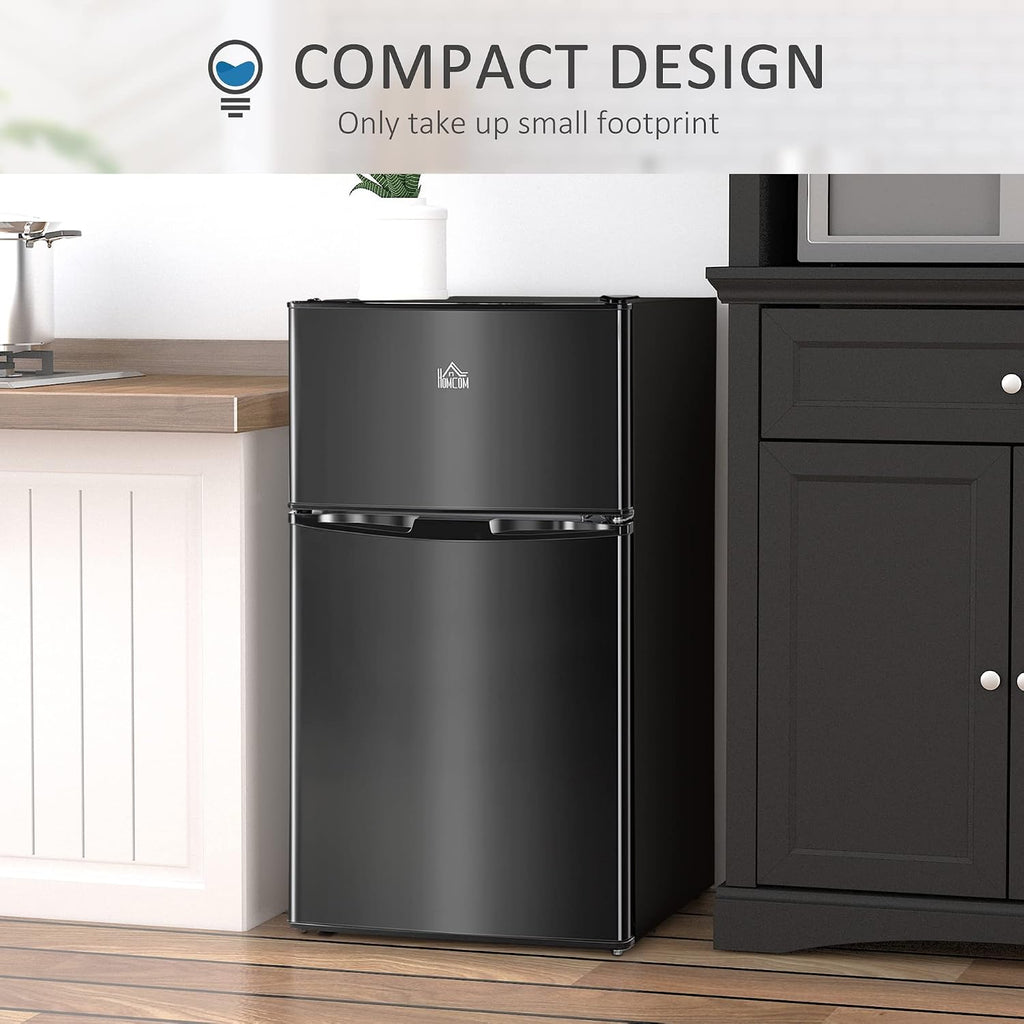 HOMCOM 3.2 Cu.Ft Mini Fridge with Freezer, Compact Refrigerator with Adjustable Thermostat, Shelf and Double Reversible Door for Bedroom, Dorm, Home Office, Energy Efficient, Black