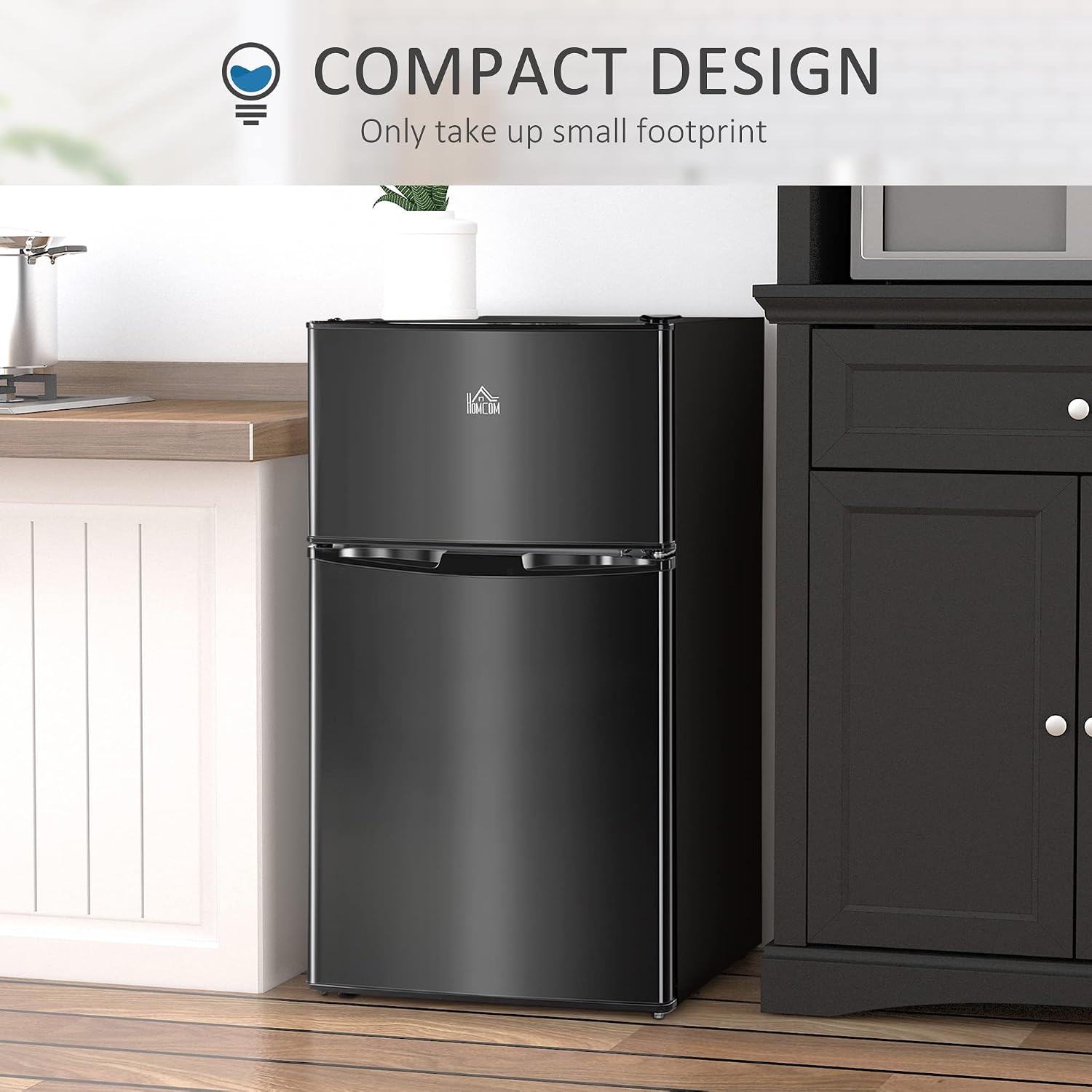 HOMCOM 3.2 Cu.Ft Mini Fridge with Freezer, Compact Refrigerator with Adjustable Thermostat, Shelf and Double Reversible Door for Bedroom, Dorm, Home Office, Energy Efficient, Black