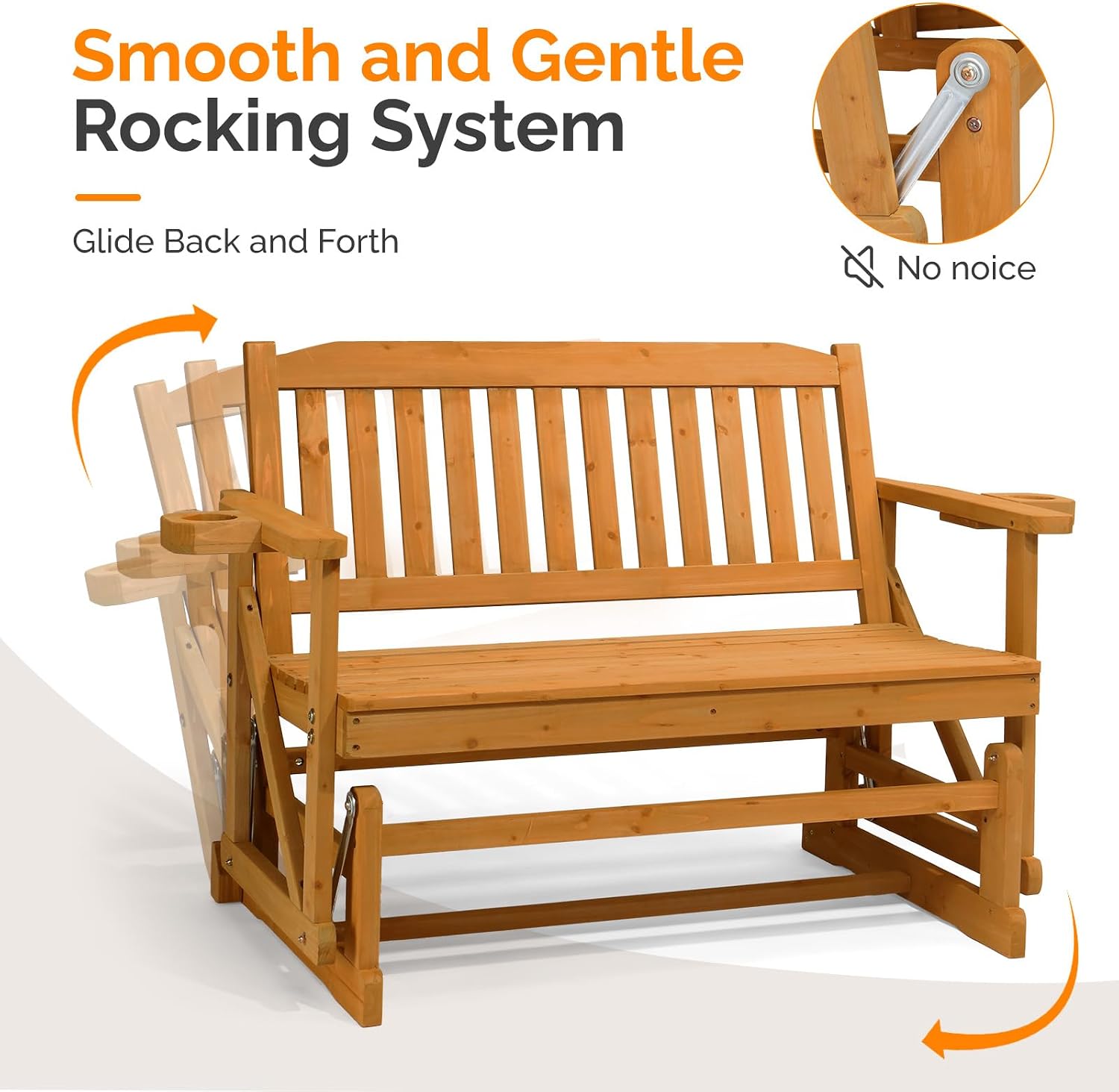 VINGLI 2-Person Outdoor Glider Bench, Patio Glider with Cup Holders, Outdoor Rocking Chair Loveseat for Backyard Garden Porch, Teak