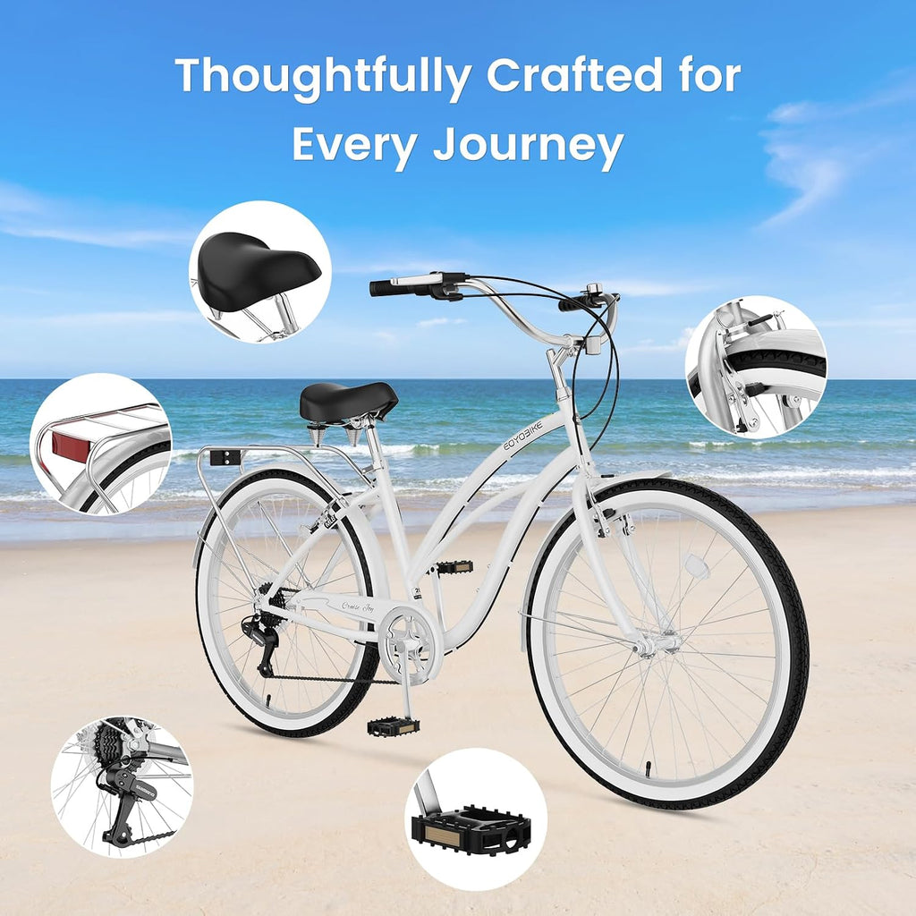 Cruiser Bike for Adults, 7-Speed Beach Cruiser Bicycle, 24/26 Inch Step-Through or High-Bar Frame, Comfort City Commuter Bike with Rear Rack, Fenders, Wide Saddle for Women & Men