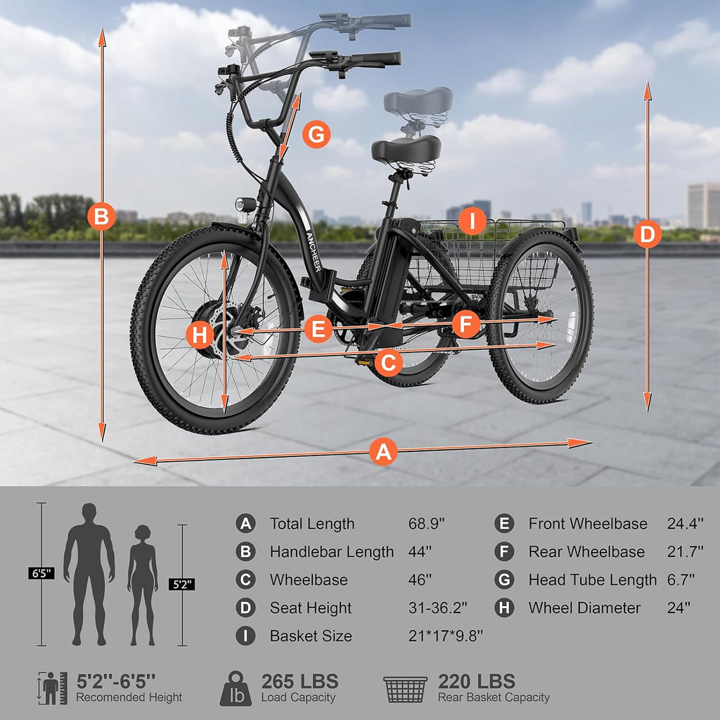 ANCHEER Electric Tricycle for Adults, 350W(Peak 550W) Etrike, 48V/499Wh Ebike, 24' Folding 3 Wheel Electric Trike, 15.5MPH & 55Miles Electric Bike, Rear Differential, Rear Basket