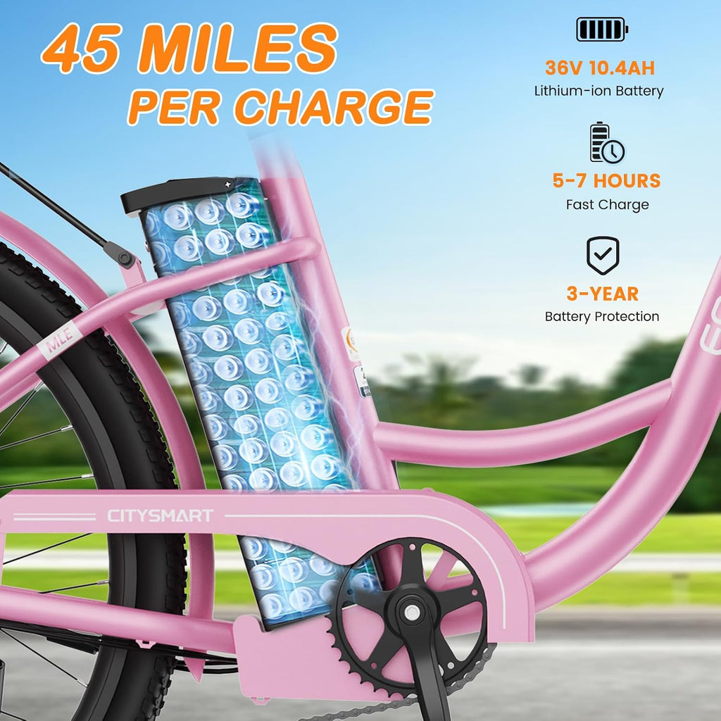 MOPHOTO Electric Bike for Women Adults, 700W Peak Power, 40 Miles Electric Cruiser Bike with 36V 10.4Ah Battery, 7-Speed Electric Bicycle, 24' 26' Tires and Front Fork Suspension