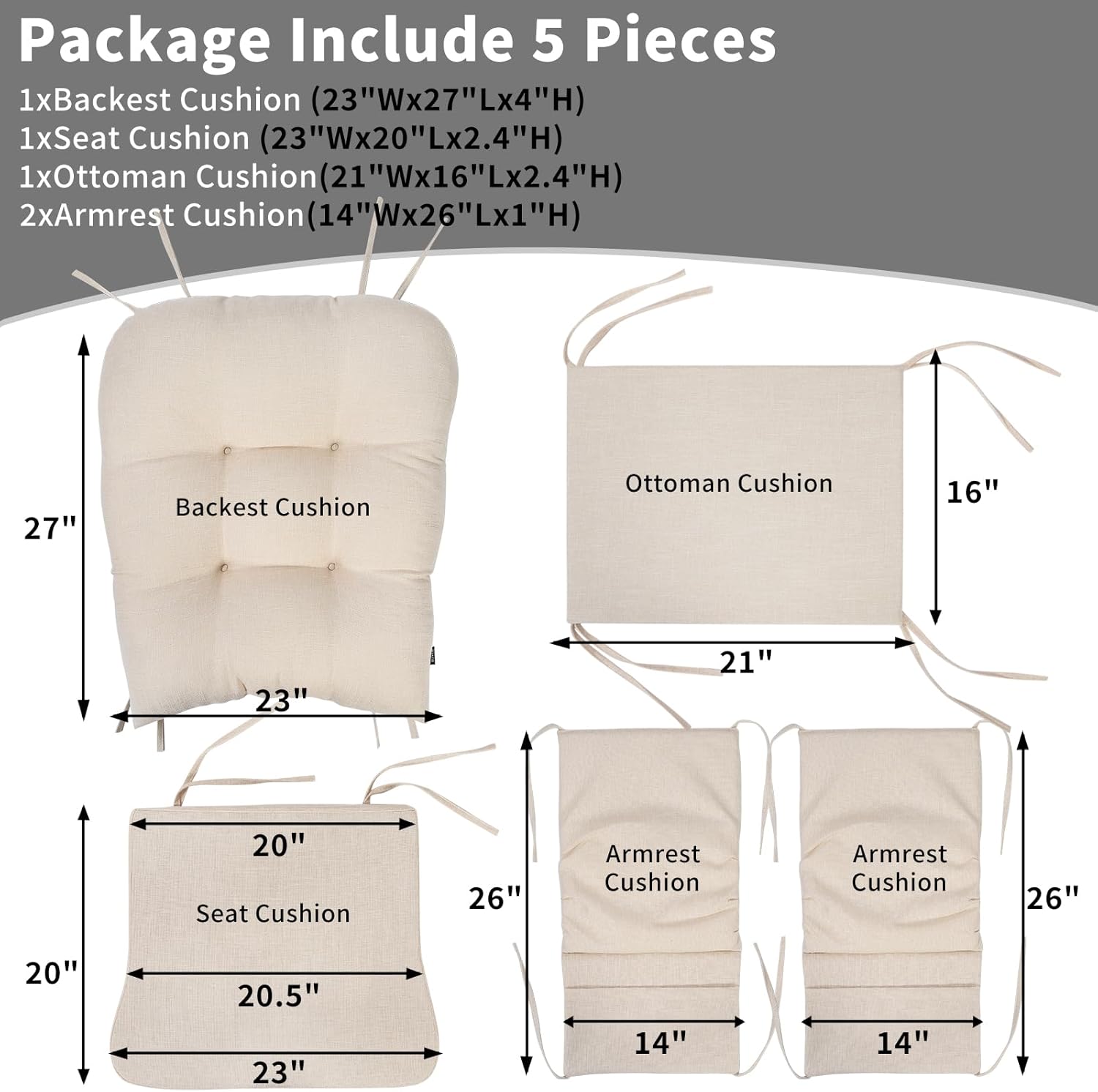 BUYUE Glider Rocker Replacement Cushion 5 PCS with Ties, Linen High-Density Foam Non-Slip & Washable Rocking Chair Pads for Sitting, Beige