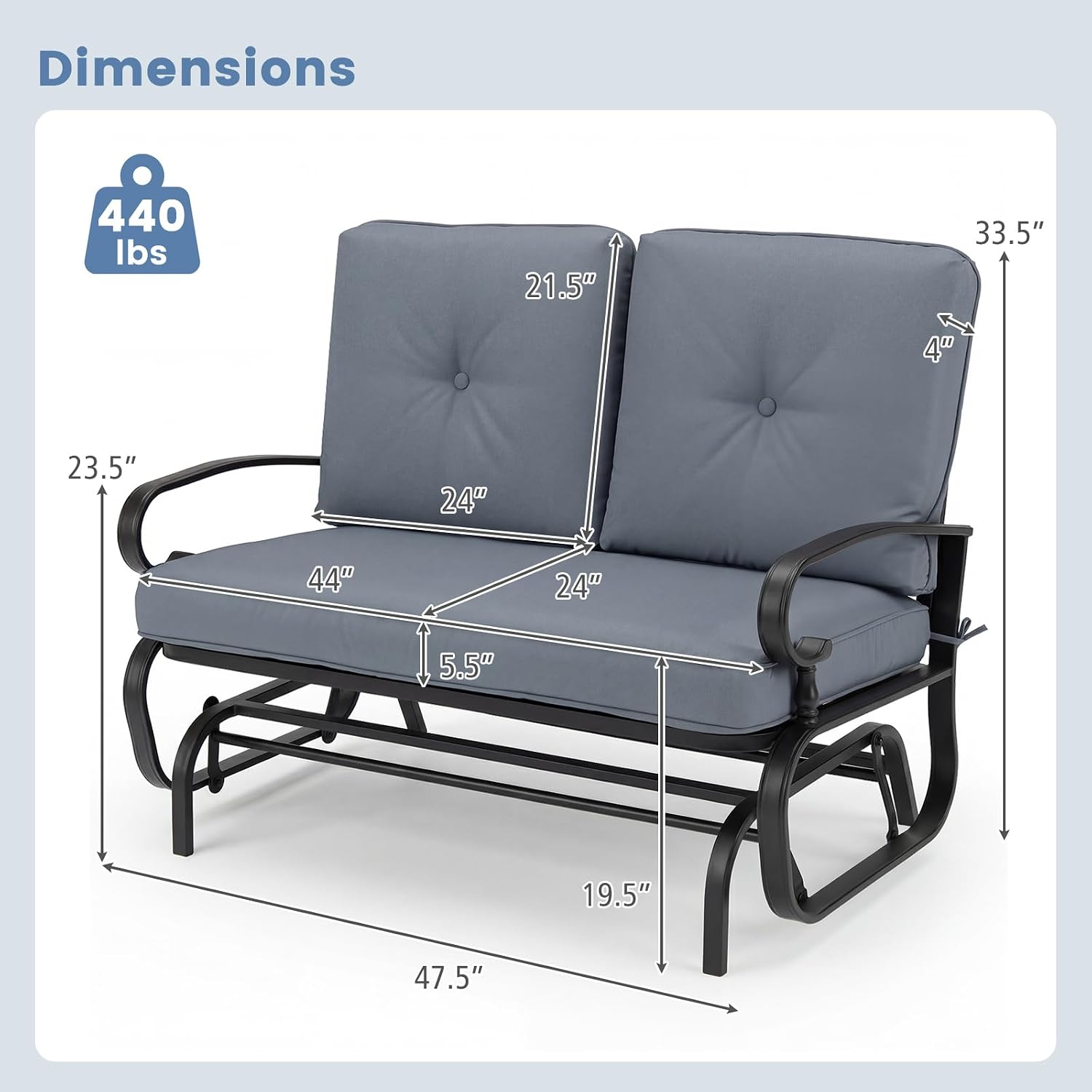 Tangkula Outdoor Swing Glider Chair, Patio Glider Bench for 2 Persons, Outdoor Rocking Loveseat with Steel Frame & Comfortable Cushions for Garden, Porch, Balcony, Poolside (Grey)