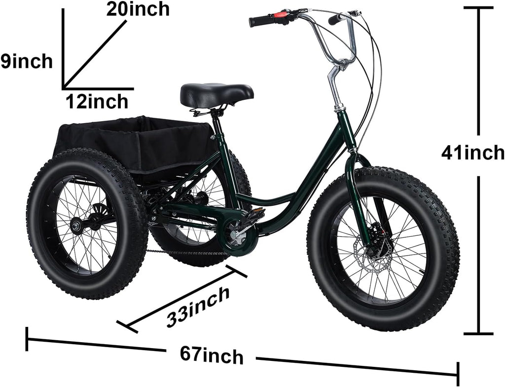 Tricycle for Adults, 20 Inch Fat Tire Trike for Adults, 7-Speed Adult Tricycle 20x4 Fat Tire Trike with Dual Disc Brakes & Rear Basket, 450lbs Capacity Cruiser 3 Wheel Bikes