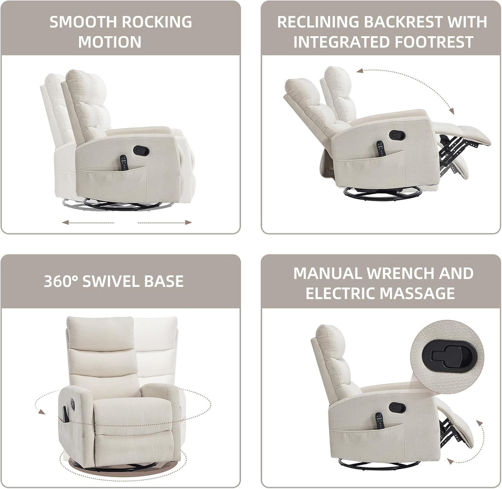 PELUMY 360° Swivel Rocker Recliner with Heat & Vibration Massage, Glider Rocking Chair for Adults, Compact Recliner for Living Room, Small Spaces, Nursery, Bedroom (Chenille, Beige)