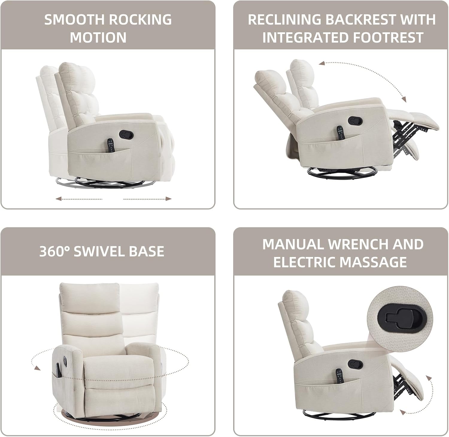 PELUMY 360° Swivel Rocker Recliner with Heat & Vibration Massage, Glider Rocking Chair for Adults, Compact Recliner for Living Room, Small Spaces, Nursery, Bedroom (Chenille, Beige)