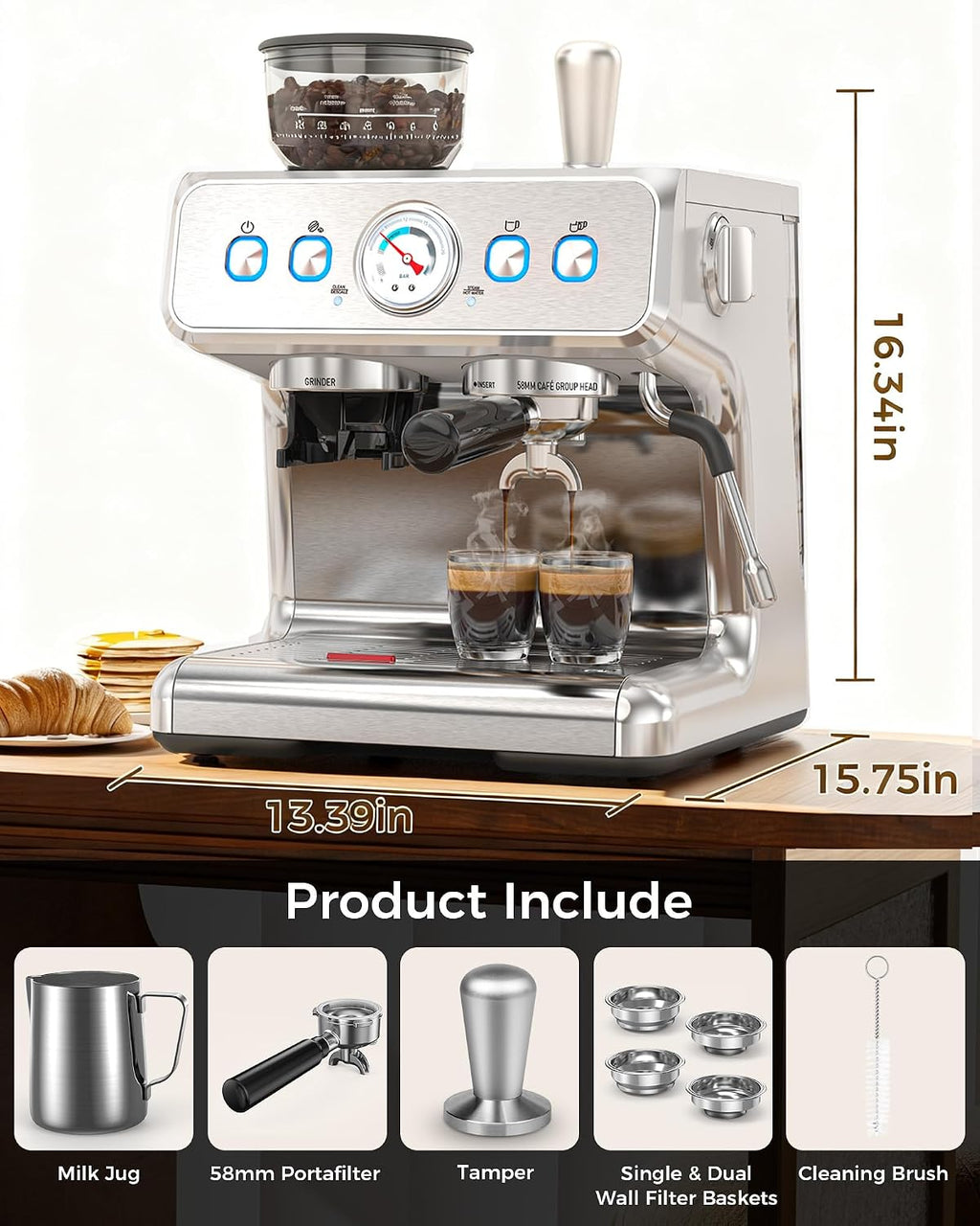 Electactic 20 Bar Espresso Machine with Grinder & Milk Frother, 58mm Expresso Coffee machines, Stainless Steel Coffee Maker for Cappuccino and Latte, Perfect for Home and Café Use-Single Boiler