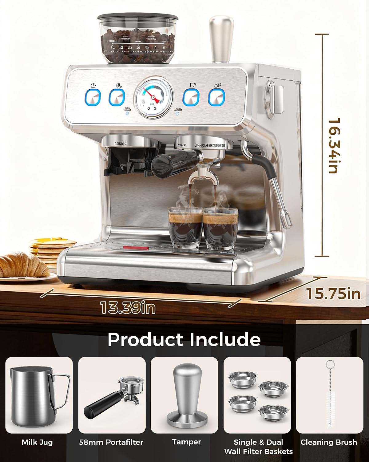 Electactic 20 Bar Espresso Machine with Grinder & Milk Frother, 58mm Expresso Coffee machines, Stainless Steel Coffee Maker for Cappuccino and Latte, Perfect for Home and Café Use-Single Boiler