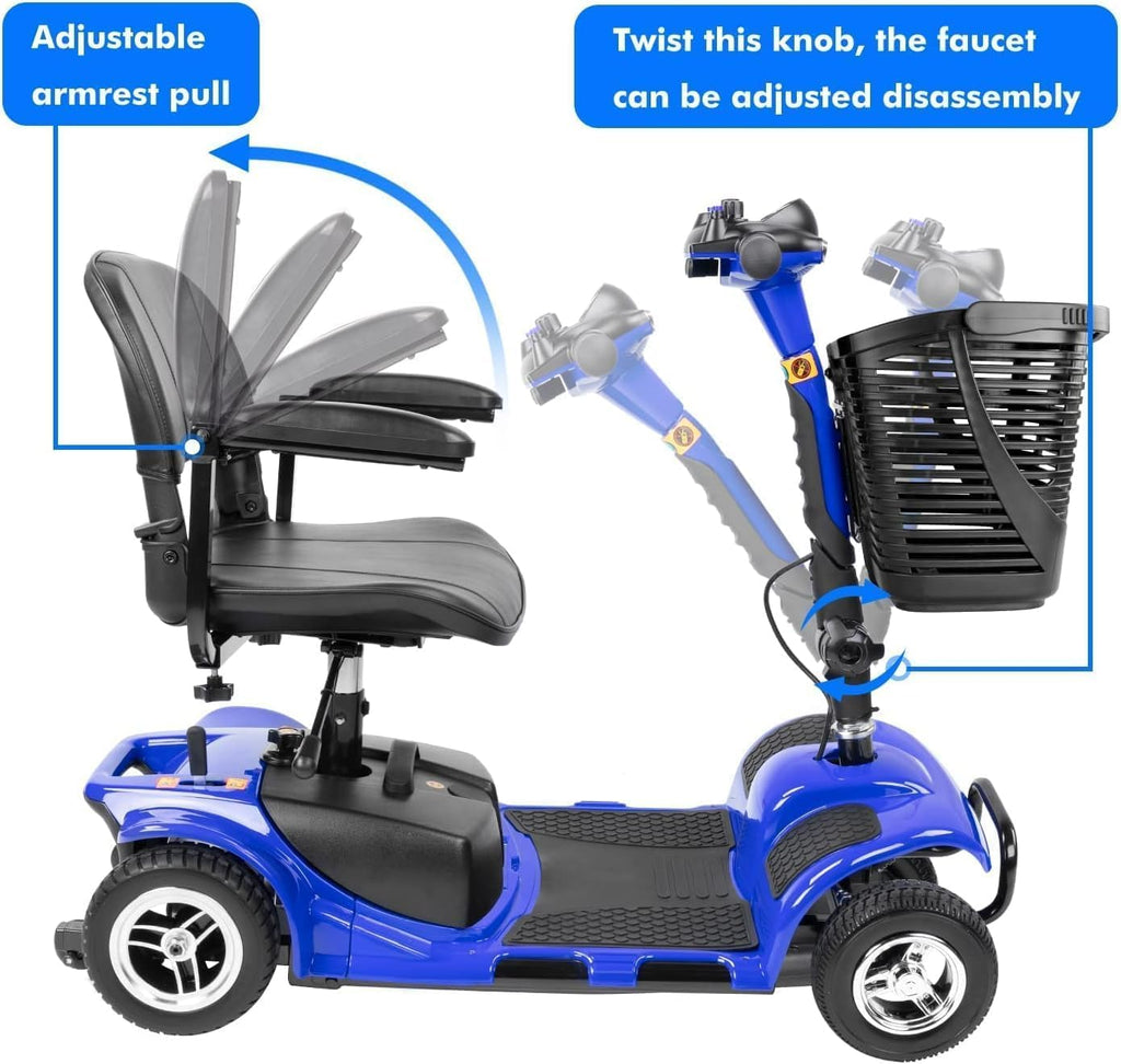 4 Wheel Mobility Scooters for Adults，Collapsible Compact Electric Scooter，Heavy Duty Powered Mobile Wheelchair Device with Lights，Basket and Long-Lasting Battery（Blue）