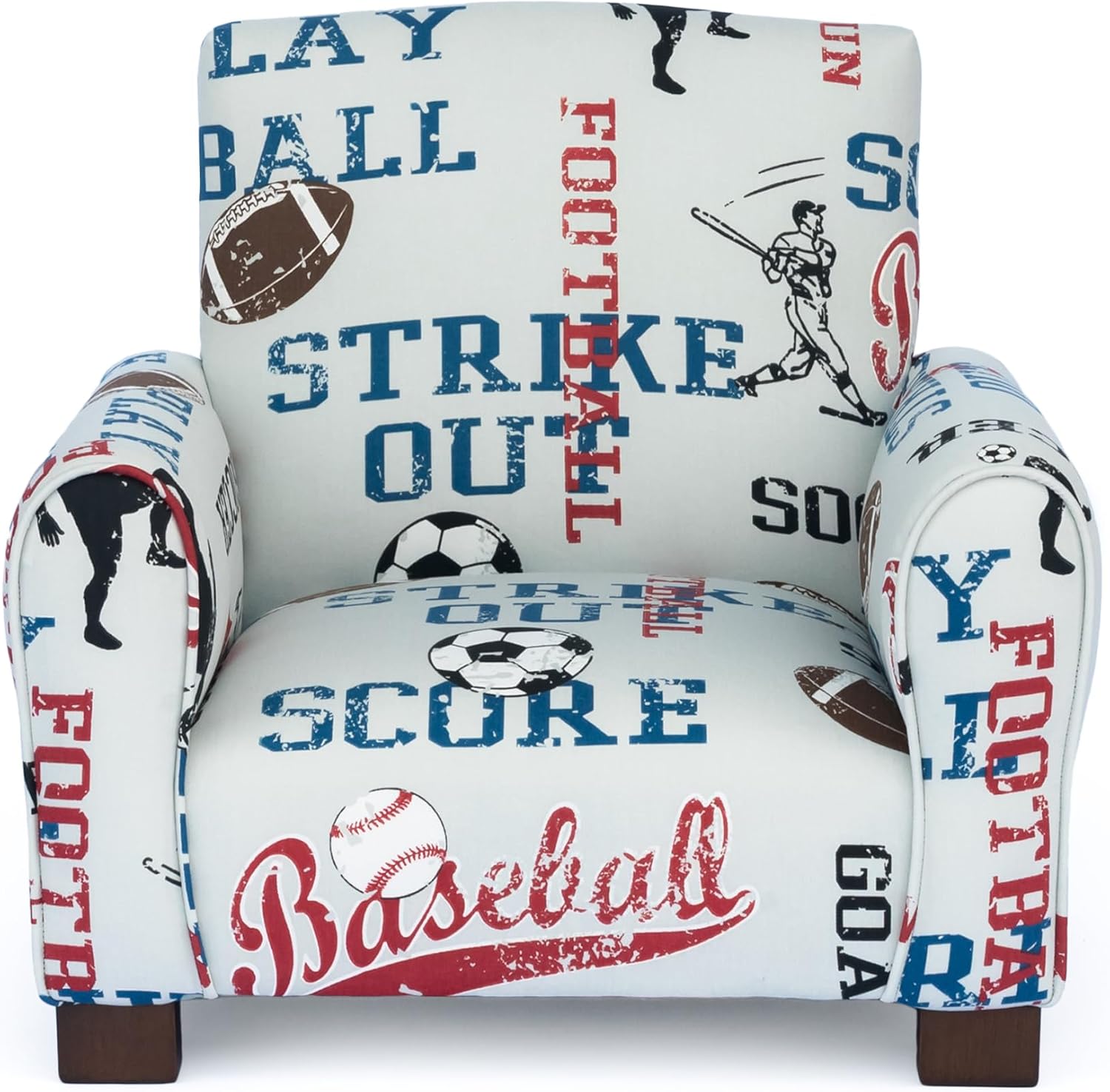 Toddler Personalized Armchair, Kids Upholstered Rocking Chair with Personalization, Toddler Chair with Personalized Name, Comfy Child Armchair (Legs, Sports Print)