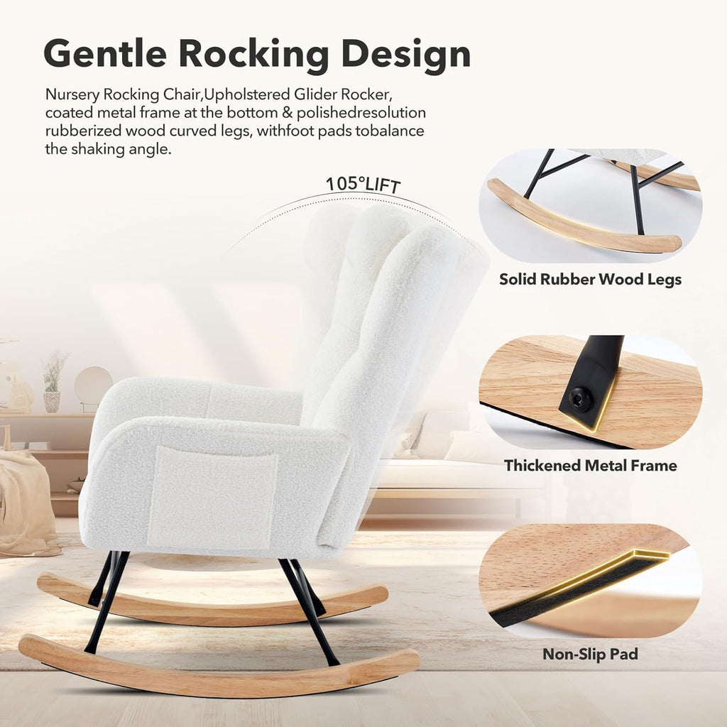 Rocking Chair Nursery Teddy with Pillow&High Backrest Armchair,Fabric Upholstered Accent Chair Nursing Chairs for Living Room, Bedroom,Beige