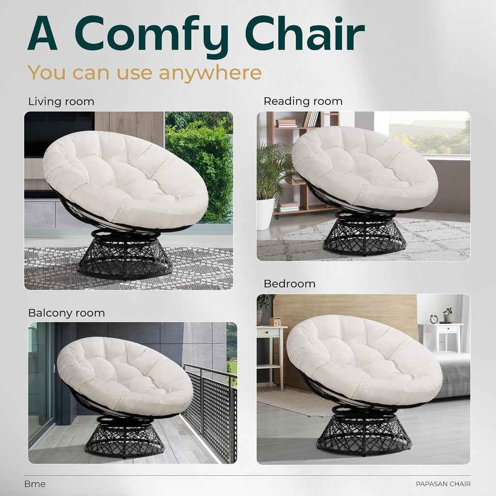 Bme 40' Ergonomic Wicker Papasan Chair with Soft Thick Density Fabric Cushion, High Capacity Steel Frame, 360 Degree Swivel for Living, Bedroom, Reading Room, Lounge