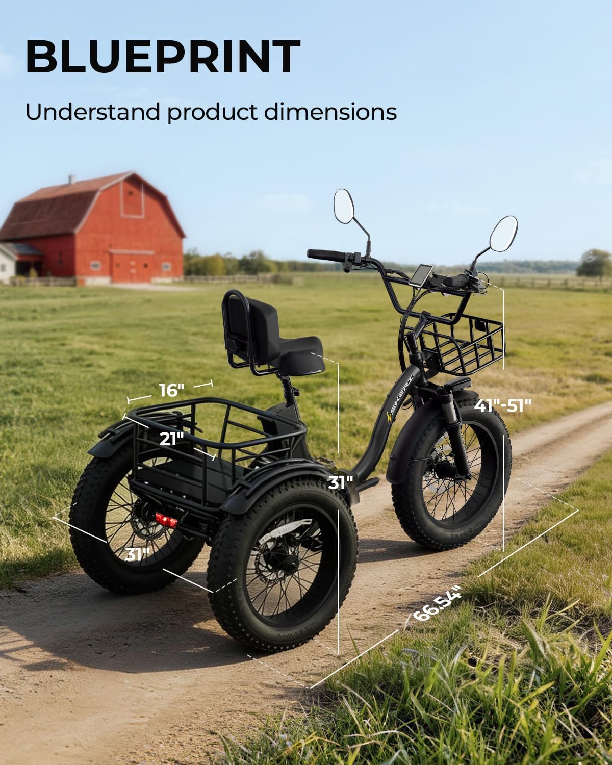 Skeri Electric Tricycle for Adults, 750W(Peak 1350W) Motor Etrike, 20'x4' Folding Fat Tire Electric Trike, 48V13Ah Battery, 3-Wheel Electric Bike, 20MPH, Front & Rear Basket & Differential