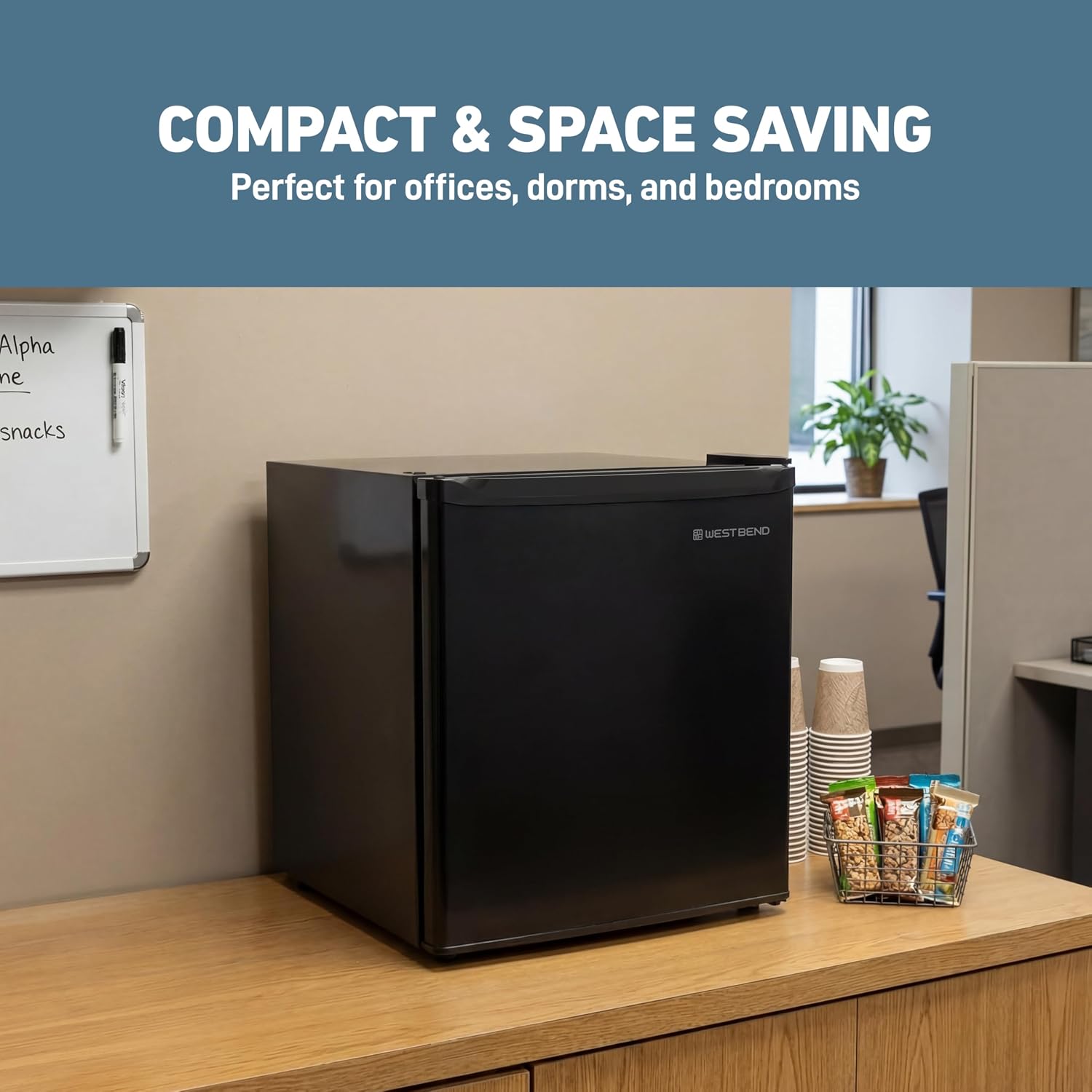 West Bend Mini Fridge Compact Refrigerator for Home Office or Dorm, Auto Defrost with Reversible Door, Energy Star Rated, 1.6-Cu.Ft., Black