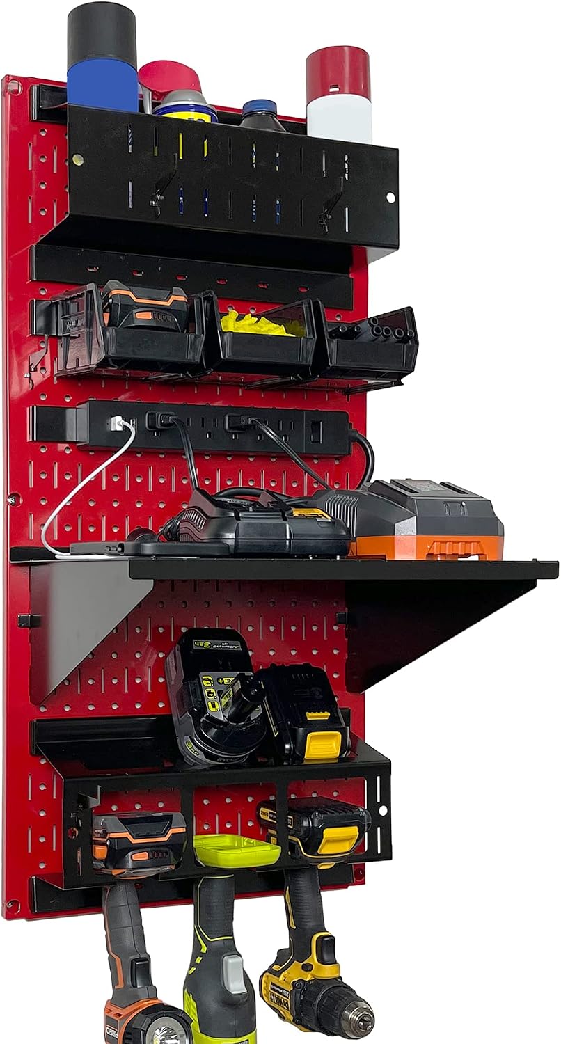 Wall Control Power Tool Storage Organizer Kit Cordless Drill Holder Charging Station Rack 16' x 32' Metal Pegboard Organization System (Red Pegboard)