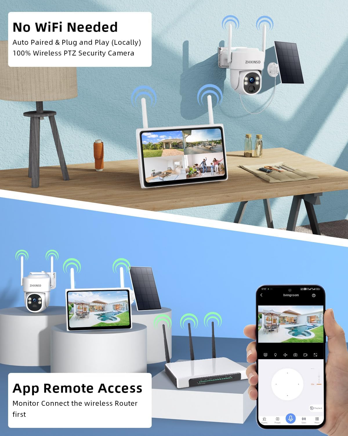 PTZ Security Cameras Wireless Outdoor Solar Powered, Pan Tilt 360 View 10 CH Ultra 4MP Home Security Camera System with 4 Cameras Human Detection Two Way Audio Color Night Vision 64G Storage