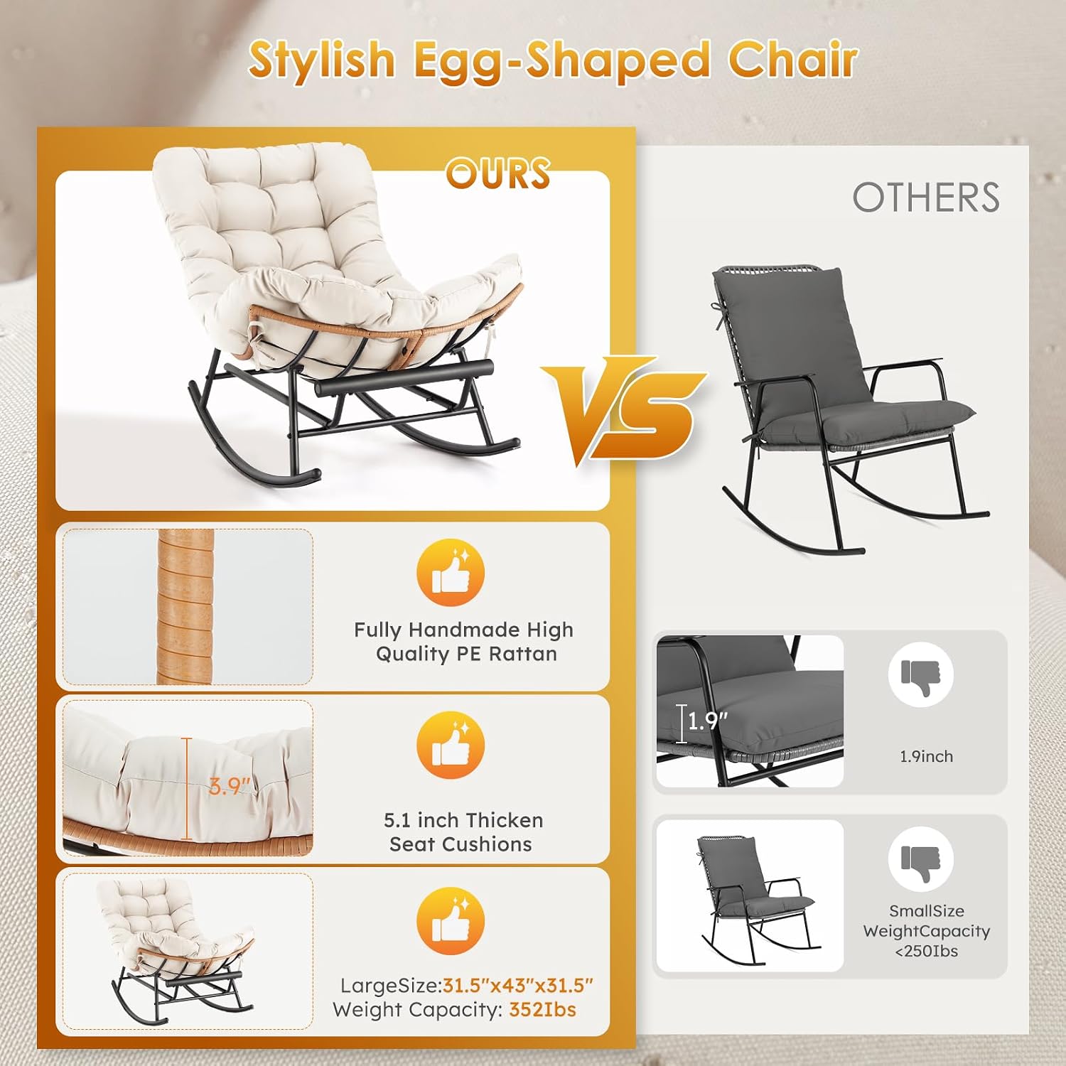 Takywep Rattan Rocking Chair with Detachable Polyester Cushion and Extendable Footrest – Papasan Chair with Cozy Seating for Porch, Lawn, Bedroom & Living Room, Beige