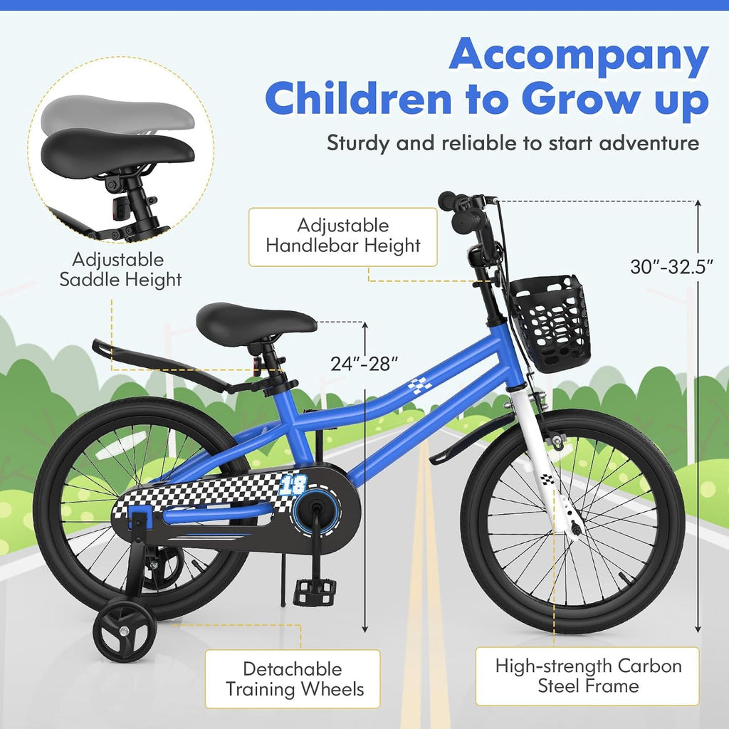COSTWAY Kids Bike, 12 14 16 18 20 Inch Toddler Bike for Boys & Girls Aged 3-8 Years Old, Kids Bicycle w/Removable Training Wheels, Handbrake & Coaster Brake, Basket, Bell