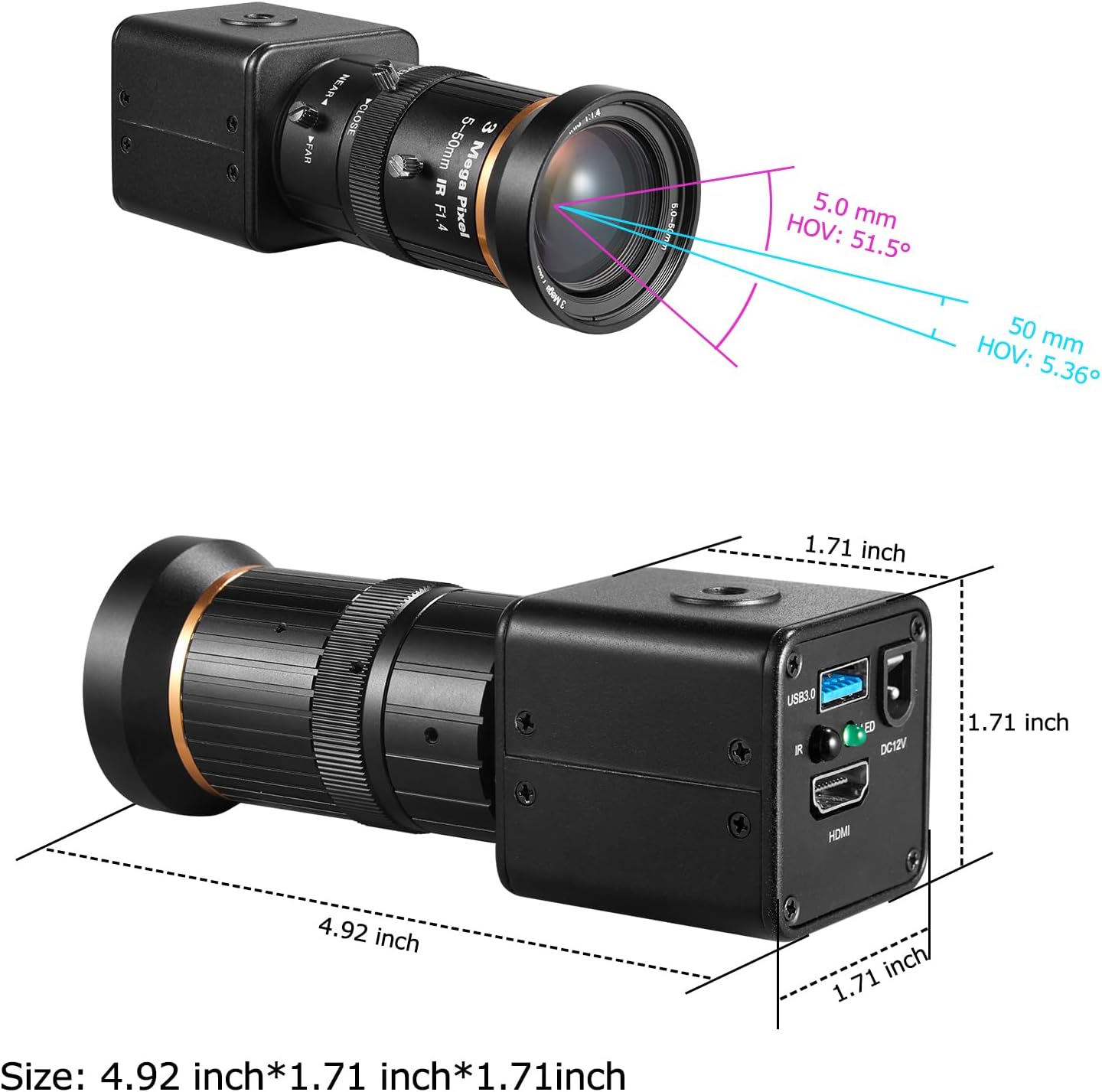 HDMI USB3.0 Dual Output HD YUY2 1080P 60fps Digital Security Camera, Industry Digital C-Mount with Manual 5-50mm Varifocal HD Lens, OSD Menu via Remote Controller