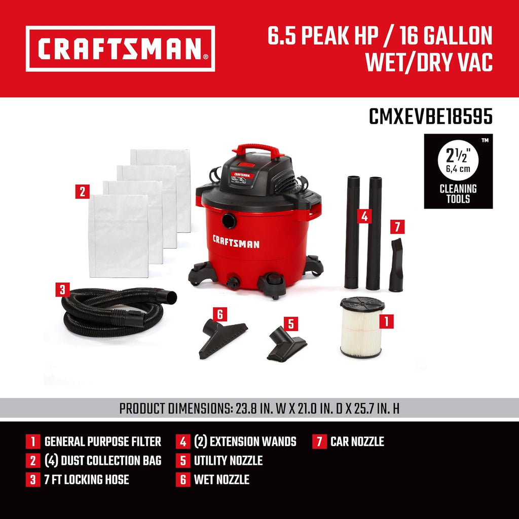 CRAFTSMAN CMXEVBE18595 16 Gallon 6.5 Peak HP Wet Dry Vac, Heavy-Duty Shop Vacuum Wet and Dry with Filter, 4 Dust Bags, Hose and Attachments for Home Projects & Renovations