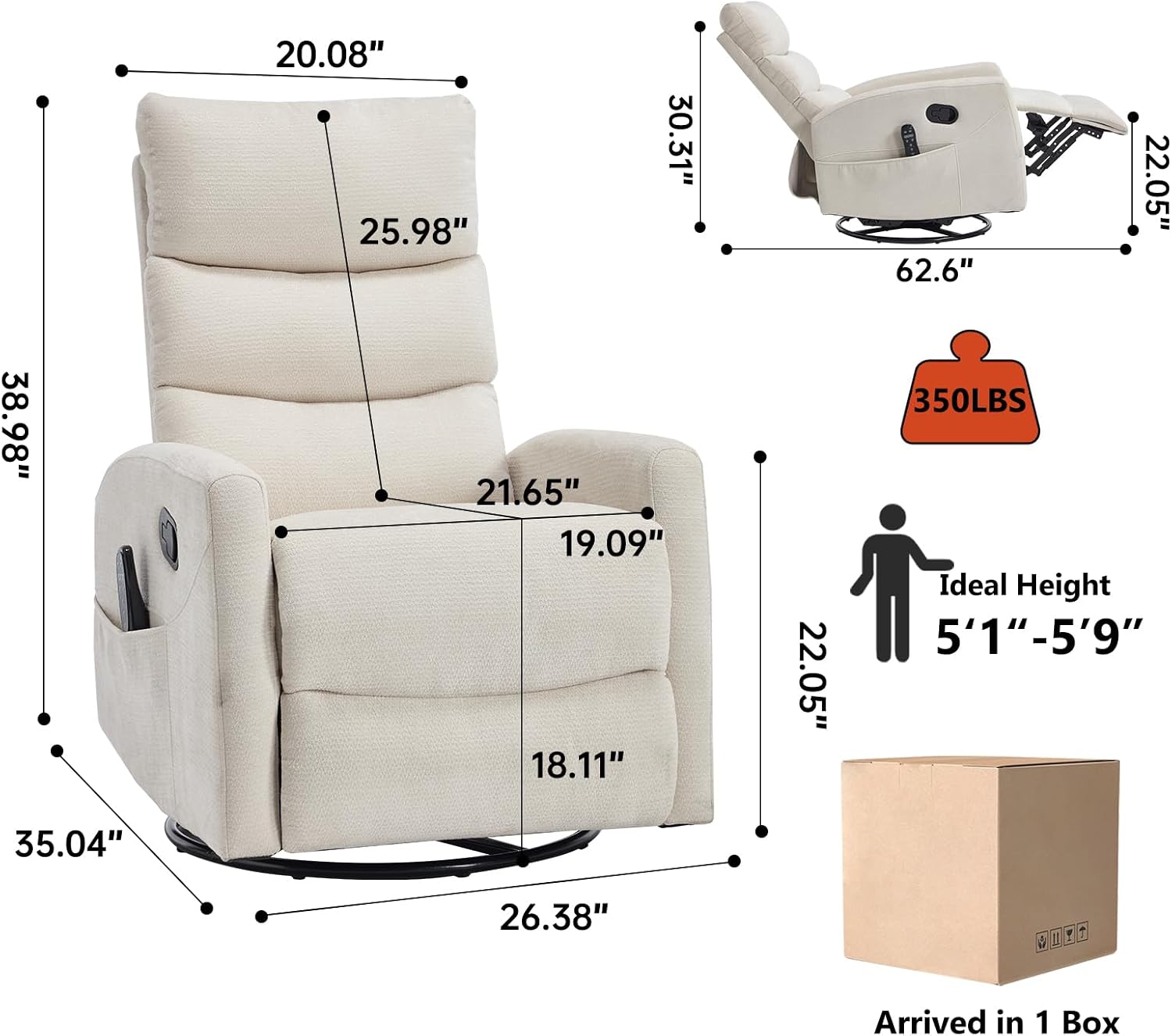 PELUMY 360° Swivel Rocker Recliner with Heat & Vibration Massage, Glider Rocking Chair for Adults, Compact Recliner for Living Room, Small Spaces, Nursery, Bedroom (Chenille, Beige)