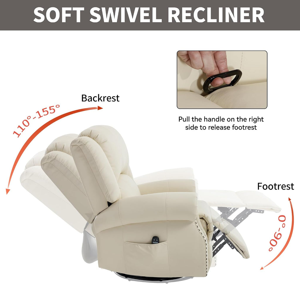 PELUMY Breathable Leather Swivel Rocking Recliner Chair for Adults, 360° Swivel Glider Rocker with Heat & Vibrating Massage, Lounge Chair for Living Room, Bedroom, Nursery (Creamy Beige)